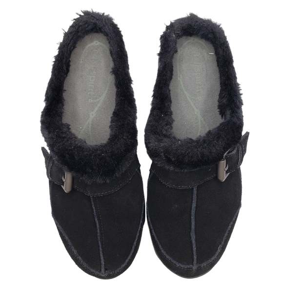 Easy Spirit | "Each One" Black Leather Faux Fur Trim Slip On Loafers Women's 6.5 - Picture 2 of 10